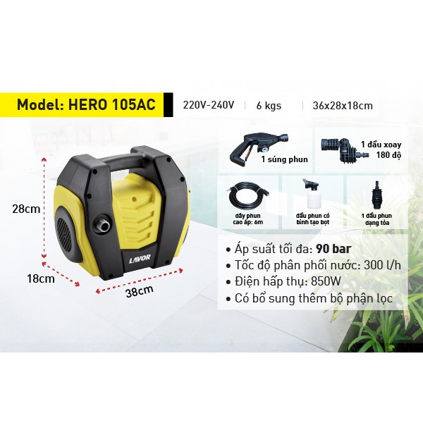 Máy phun xịt rửa xe áp lực nước mô tơ cảm ứng từ Lavor HERO105AC- Chính hãng bảo hành 1 năm