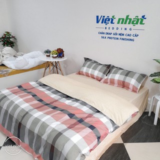 nk032 Set chăn ga gối Cotton Living 4 món-Kẻ rêu đỏ