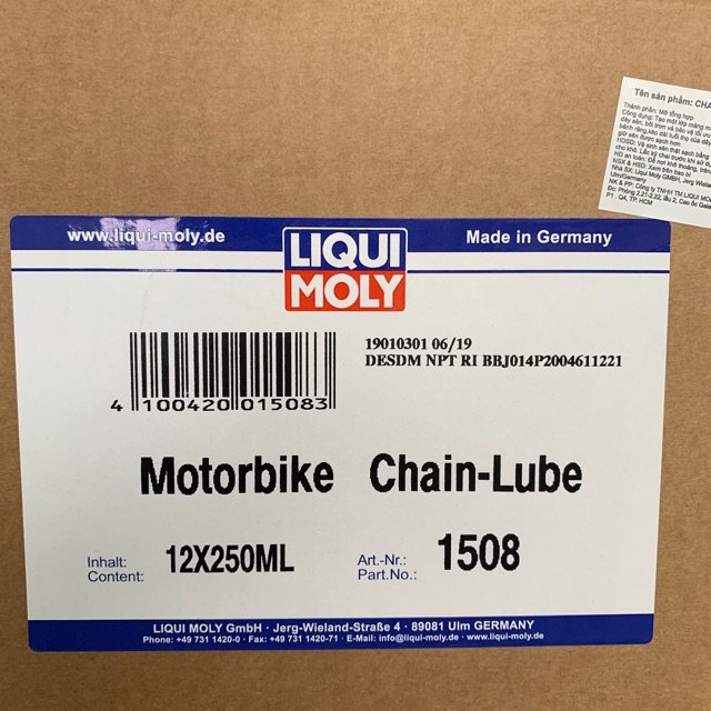 Chai Xịt Dưỡng Sên - Bôi Trơn Sên Dạng Dầu Liqui Moly Motorbike Chain-Lube 1508 - 250ML Made in Germany