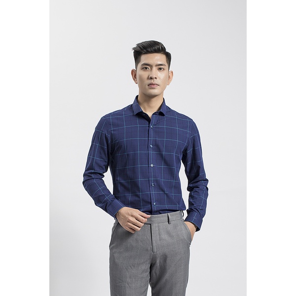 Áo sơ mi dài tay nam KWIN KLS01708 dáng slimfit, chất liệu bamboo sợi tre pha, tím than kẻ caro to
