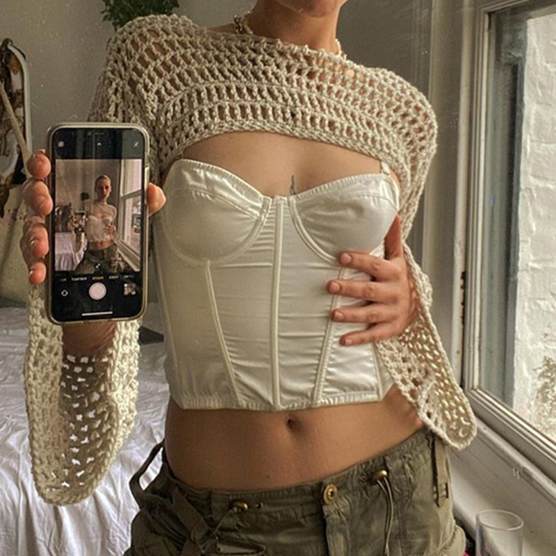 Áo Croptop Dệt Kim Phối Lưới Tay Dài 2000s 90S Thời Trang Đường Phố Cho Bạn Gái