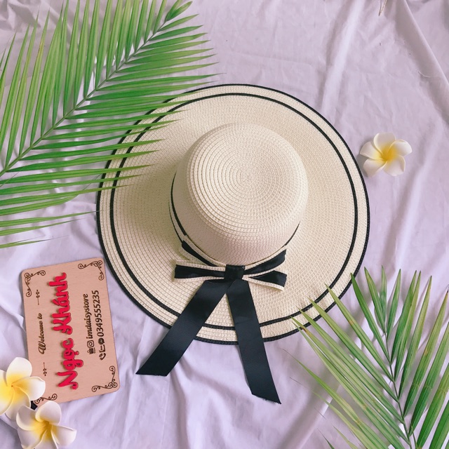 Mũ cói uzzang vành rộng nơ kép xinh