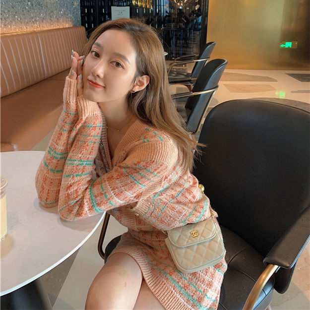 Set áo khoác cardigan dệt kim phối chân váy chữ a thời trang mùa thu cho nữ | BigBuy360 - bigbuy360.vn