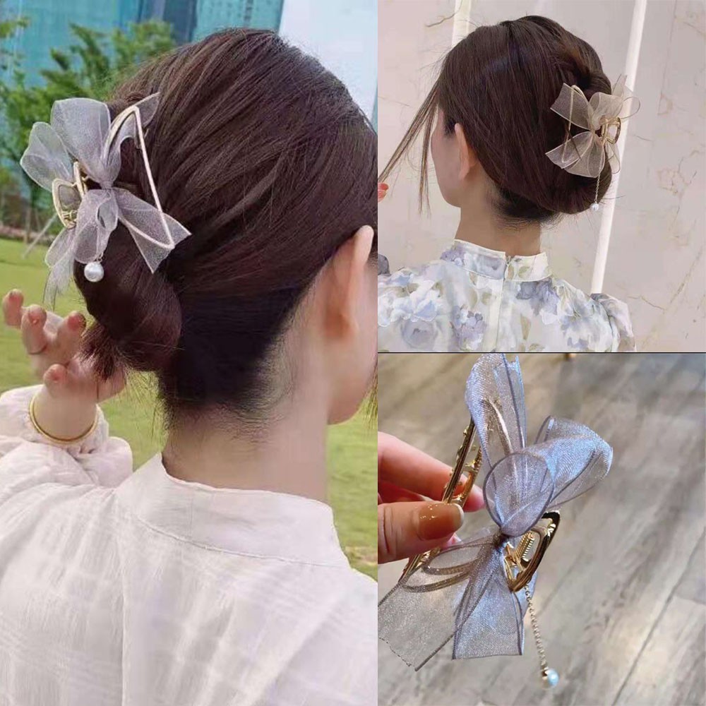 Kẹp Tóc Càng Cua Đính Ngọc Nơ Màu Trơn 7.5cm