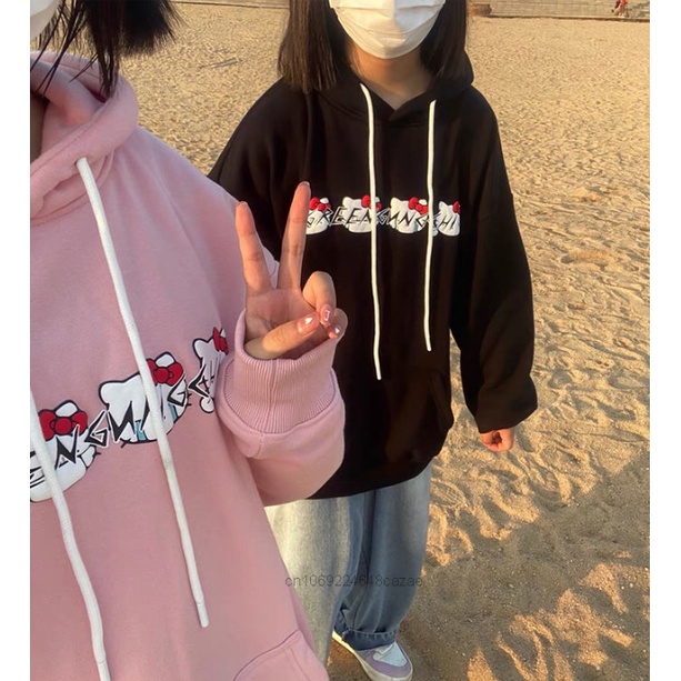 Áo Hoodie Tay Dài Oversize In Hình Hello Kitty Phong Cách Harajuku Đường Phố Vintage Đáng Yêu Cho Nữ Y2k