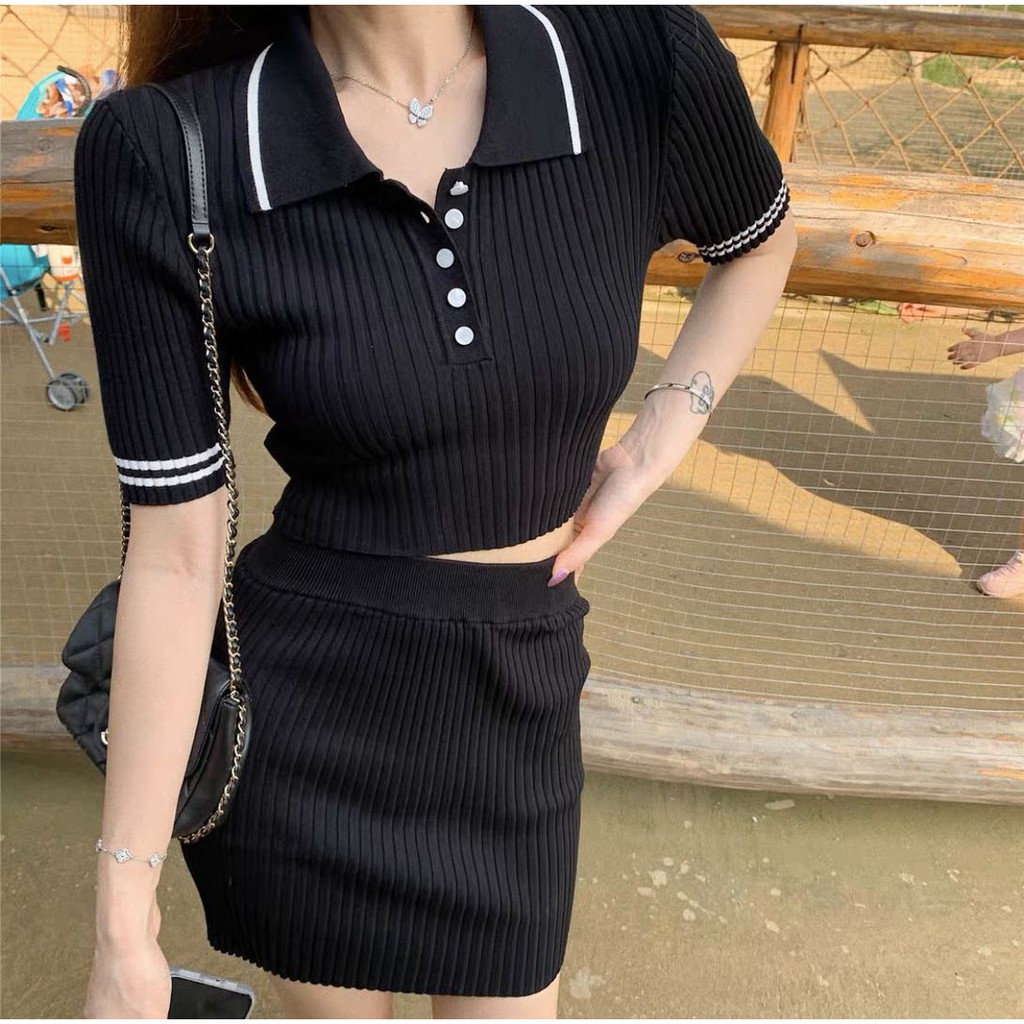 Set Áo Thun Polo Ngắn Tay + Chân Váy Ôm Lưng Cao Thời Trang Nữ | BigBuy360 - bigbuy360.vn