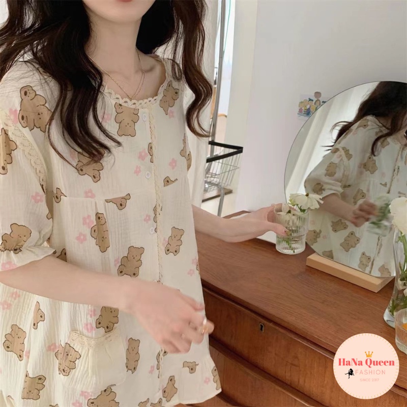 Bộ đồ cộc đùi hoạ tiết gấu phối ren chất muslin cao cấp cực đẹp