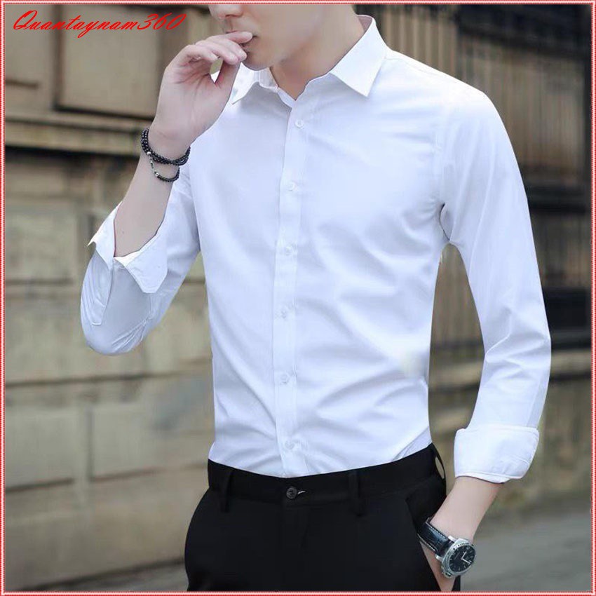 áo Sơ mi cổ bẻ dài tay hàn quốc, sơ mi nam trắng dáng ôm body chất cotton thấm hút mồ hôi | BigBuy360 - bigbuy360.vn