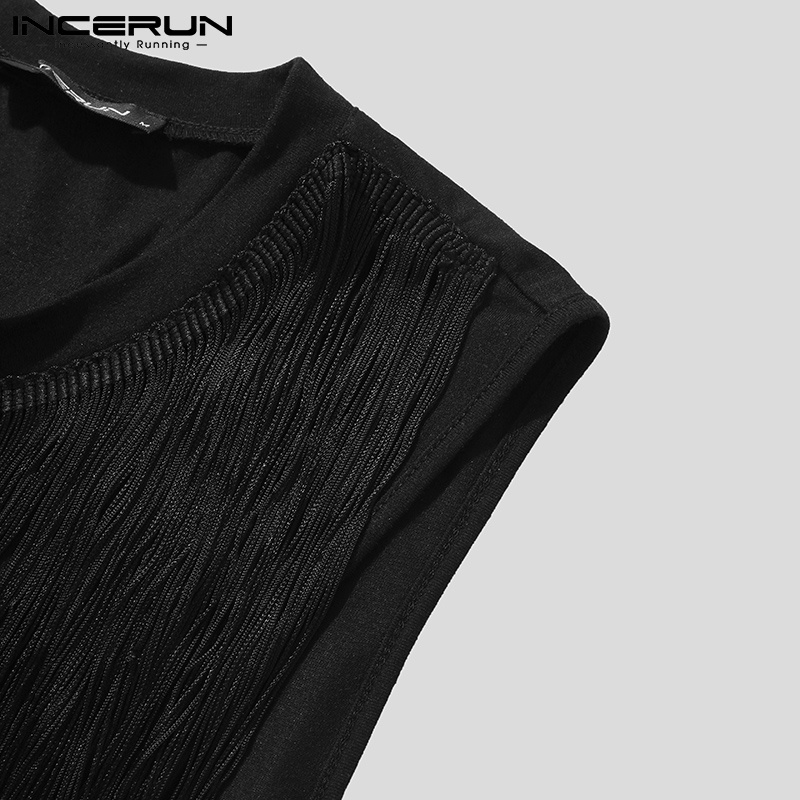 Áo ba lỗ INCERUN cổ tròn dáng rộng phối tua rua thời trang cho nam