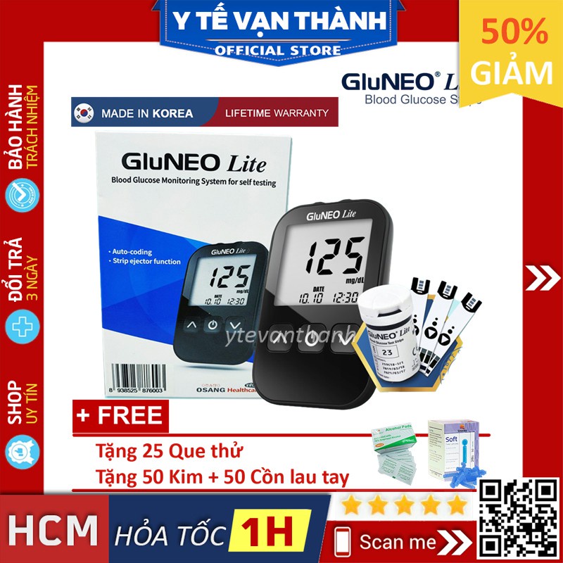 ✅ [TRỌN BỘ] Máy Đo Đường Huyết- GluNeo Lite (KÈM 25 QUE, KIM, CỒN), (Hàn Quốc) -VT0790 | Y Tế Vạn Thành