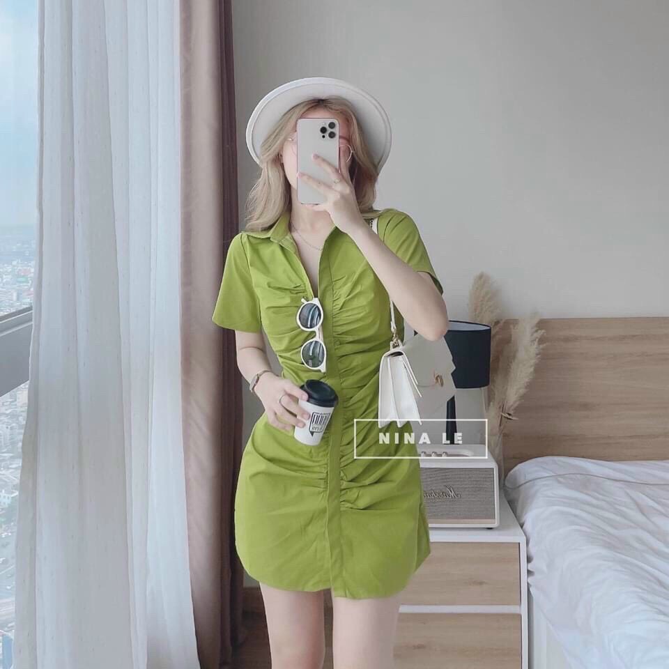 [ Miễn phí ship 2022 ] Đầm sơ mi nữ công sở đi tiệc, váy body rúm eo tay ngắn cá tính dáng ngắn sexy hàn quốc