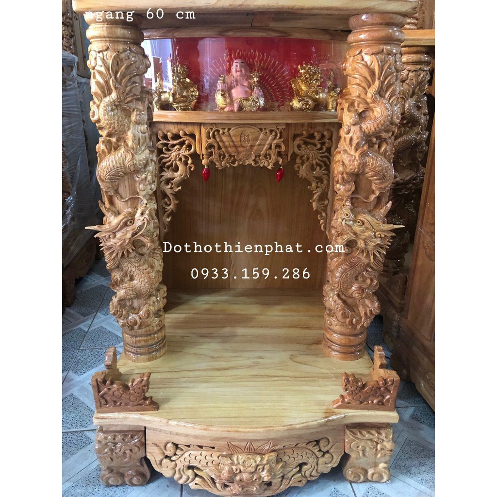 Bàn thờ thần tài ông địa gỗ gõ đỏ ngang 60 cm cột 12 cm rồng mây VIP