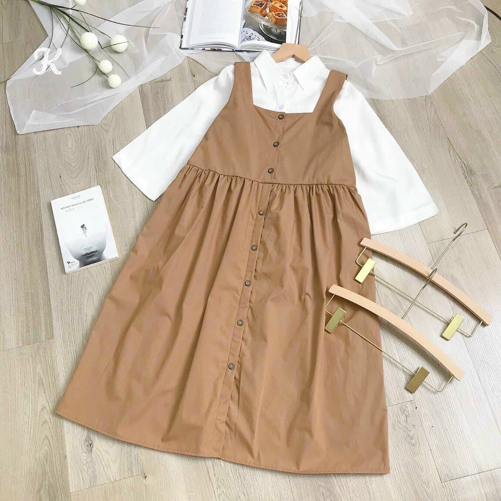Gunkaymatter Đầm Váy Dáng Suông 2 Dây Bản Lớn Cài Nút Phối Áo Sơ Mi Bên Trong Rất Dễ Thương Trẻ Trung Năng Động