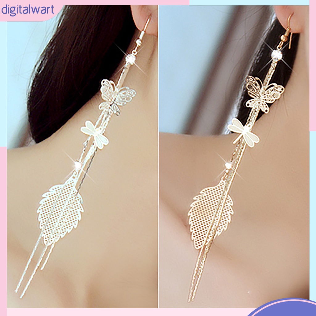 Khuyên tai hợp kim tua rua dáng dài thiết kế hình bướm/chuồn chuồn và lá cho nữ