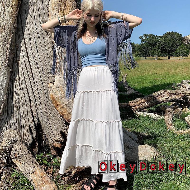 OKDK-y2k Women Pleated Long Skirt Casual Solid Color Frill Skirt for Party (White)