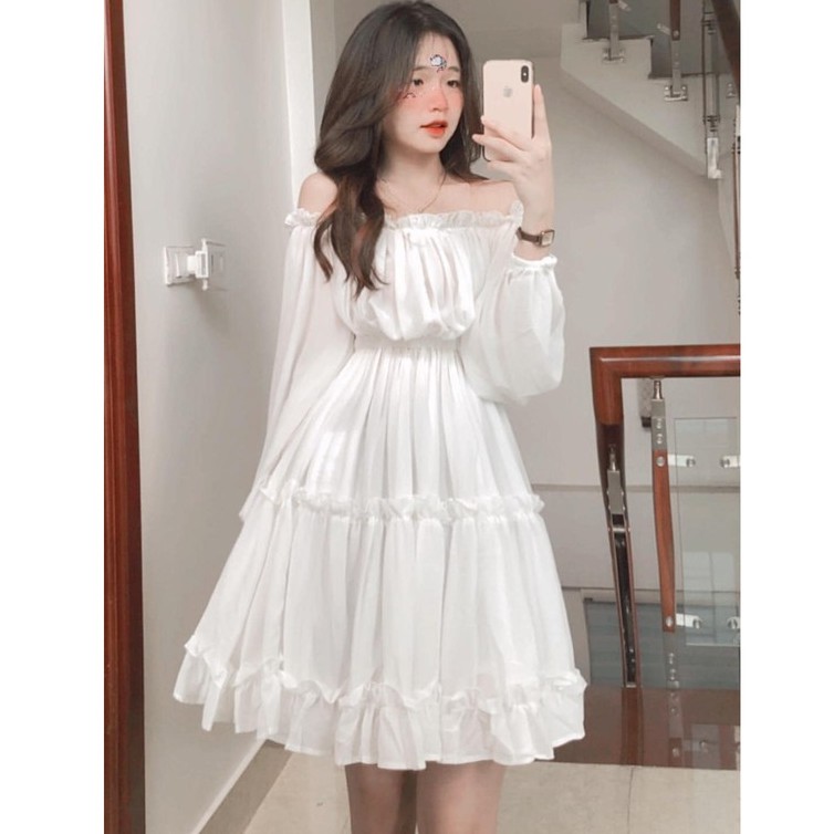 Váy Trễ Vai Dáng Xoè Voan Tơ Xếp Tầng, Váy Trắng Tiểu Thư Kỉ Yếu Prom Dự Tiệc Xinh Xắn (Mặc được 2 kiểu) | BigBuy360 - bigbuy360.vn