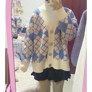 Hàng Sẵn_Áo khoác cardidan len dày rộng rãi thiết kế kẻ sọc retro