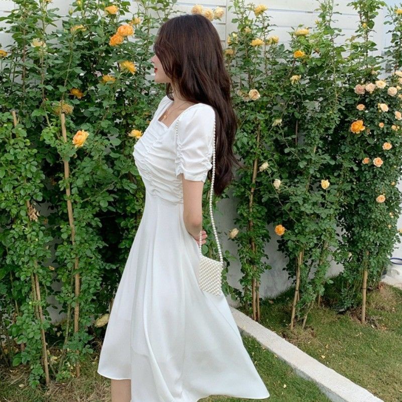 Sweet Fresh Short Sleeve Pleated Skirt Super-Fairy Mori Girl Amoi French Square Collar Puff Sleeve over the Knee White Midi Skirt