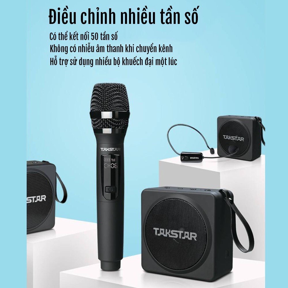 Máy trợ giảng không dây cao cấp Takstar E261W có 2 loại micro là cầm tay và gài đầu, Âm thanh to rõ bắt mic nhậy.