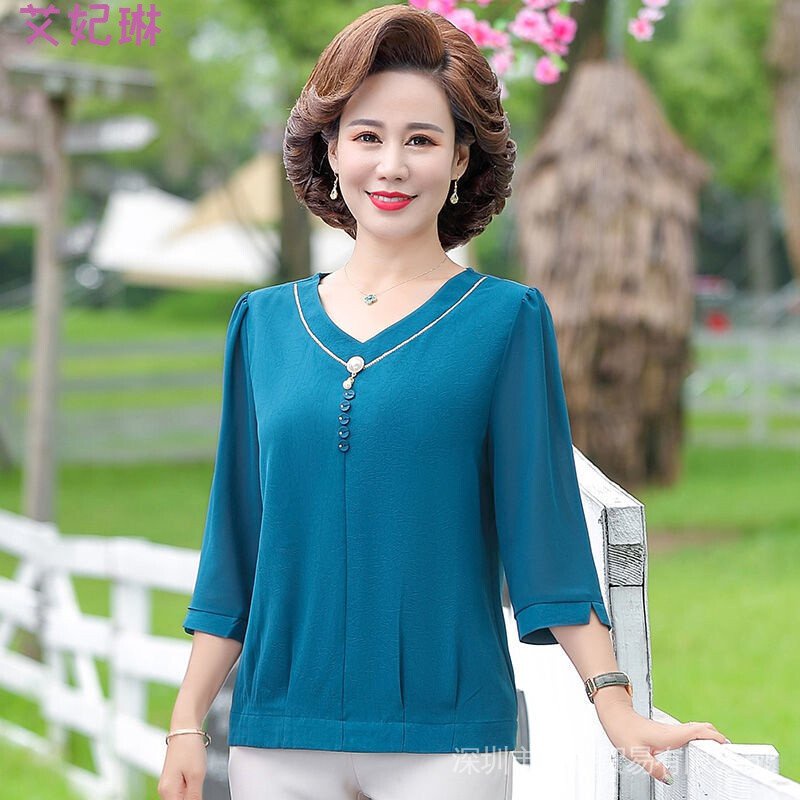 Set Đồ Mùa Hè Áo Kiểu Phương Tây Dành Cho Phụ Nữ Trung Niên 40-50 Tuổi