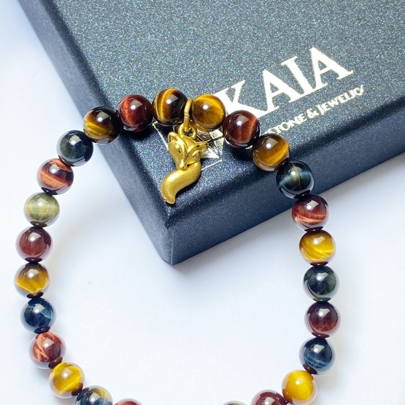 Vòng tay phong thủy mắt hổ 3 màu mix charm hồ li 24k - KAIA