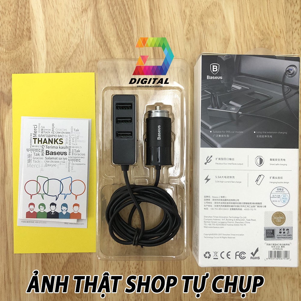 Tẩu Sạc Đa Năng Xe Hơi 4 Cổng USB Dùng Cho Cả Ghế Trước &amp; Sau Chính Hãng Baseus