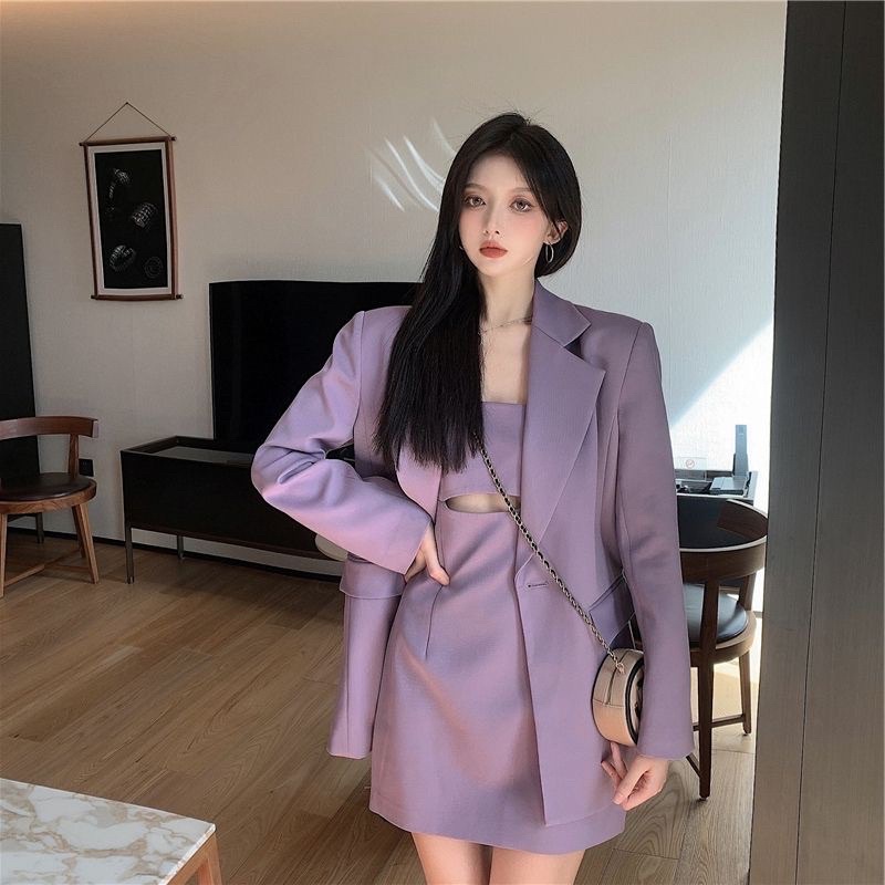 Đầm hai dây khoét eo + áo khoác blazer hai lớp hàng quảng châu