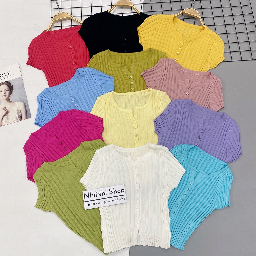 Áo len mỏng dáng ngắn cổ tròn, Áo len dáng croptop cài cúc ngắn tay AL1211 - NhiNhiShop
