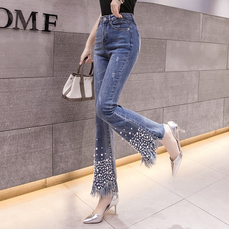 Quần jean ống loe đính hột SANG CHẢNH lấp lánh có CLIP và ẢNH THẬT