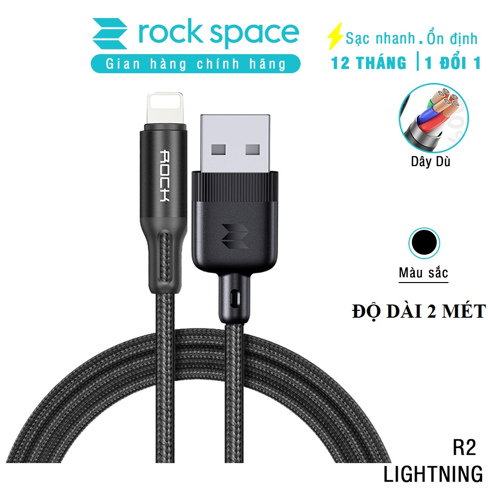 Dây Sạc iPhone Chính Hãng 2 mét Rockspace R2 dây dù màu đen, sạc nhanh, ổn định, không nóng, BH 1 năm 1 đổi 1