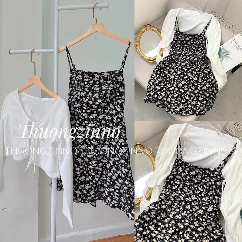 [HÀNG HAI LỚP] Váy hai dây hoa nhí nền đen xinh mix cadigan chất mát mềm mịn Set váy tiểu thư