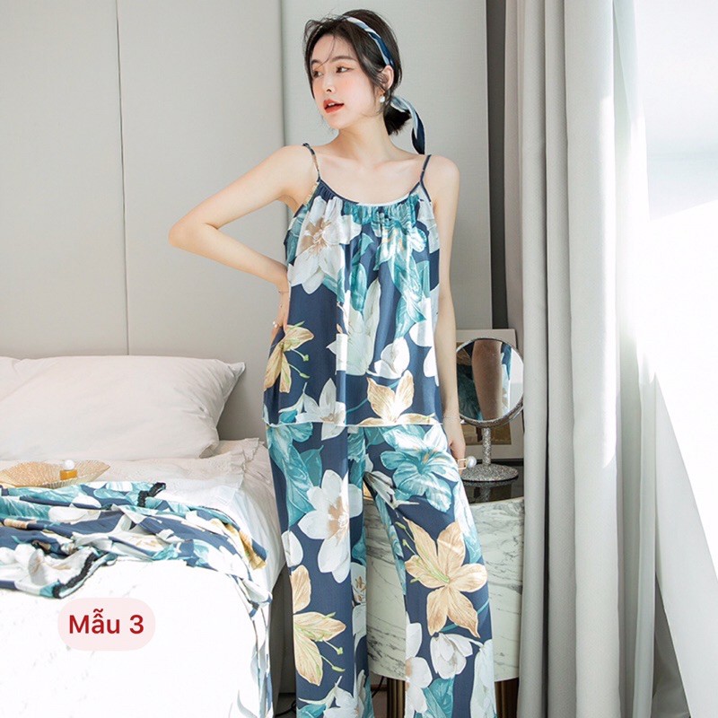 Bộ đồ mặc nhà lanh - cotton lụa Quảng Châu mặc nhà hoạ tiết trẻ trung, thời trang