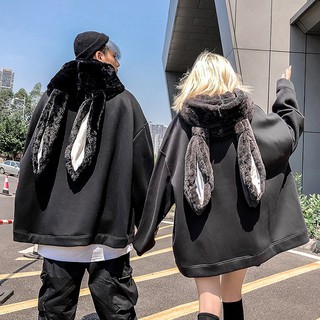 Áo Hoodie Tai Thỏ Lót Lông Cừu Dày Dặn Dáng Rộng Phong Cách Hip Hop Dễ Thương Cho Cặp Đôi