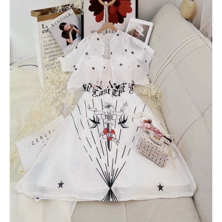 Set đầm váy trắng hoạ tiết độc lạ 2 dây + áo khoác ngắn, thời trang tiểu thư hot girl đi chơi dạo phố dự tiệc sang trọng