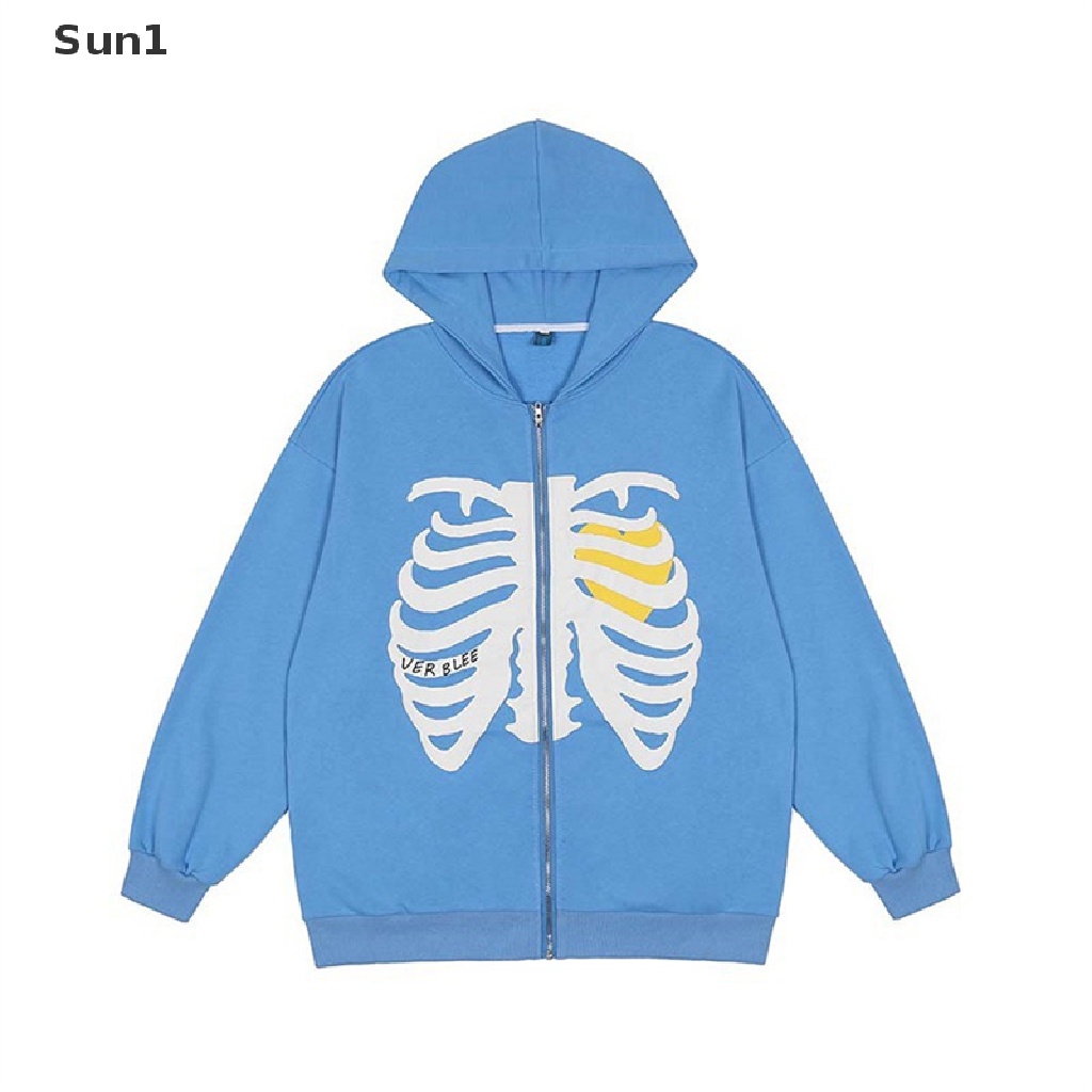 Áo Khoác Hoodie Phối Khóa Kéo In Hình Xương Anime Cá Tính Cho Nam Và Nữ