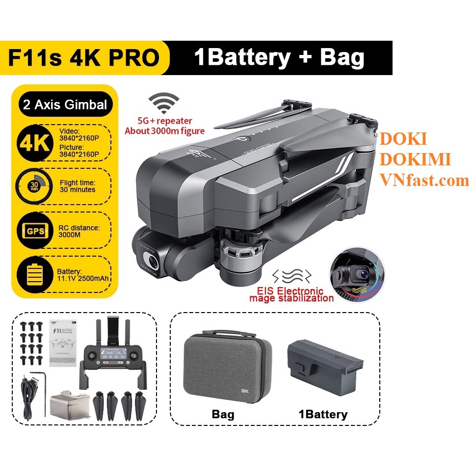 Flycam SJRC F22 4k pro, F11S 4K Pro hay gọi F11s 3km, F22S - Gimbal 2 trục EIS - BH 3 tháng