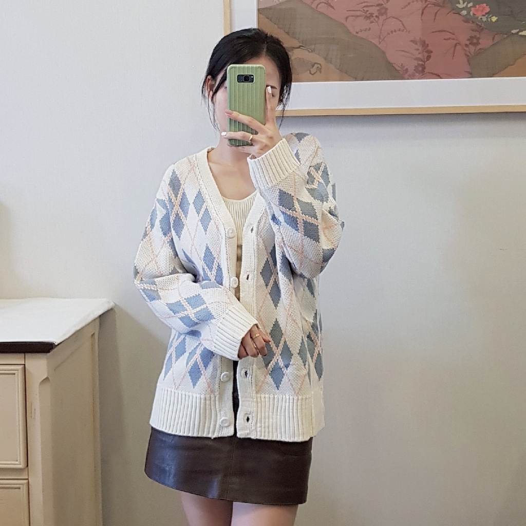 [LEN01] Áo cardigan len phối màu cổ V phong cách Hàn Quốc|Hàng có sẵn