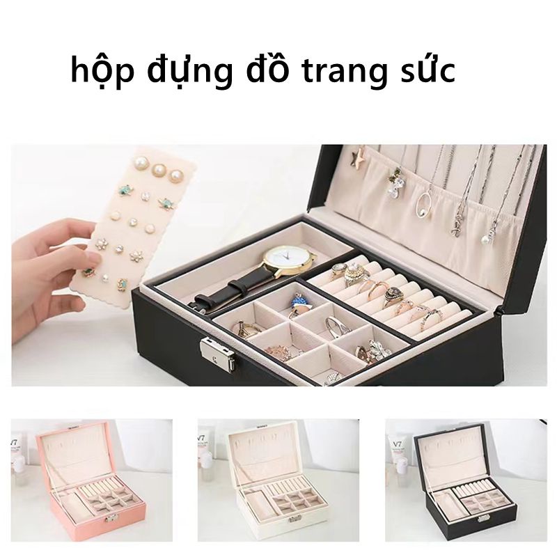 [HCM] Hộp Trang Sức Hai Tầng Có Khóa Bọc Da,Quầy trưng bày trang sức hoa tai vòng cổ-[URBSC-B]