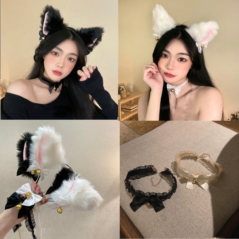 Băng Đô Cài Tóc Hình Tai Mèo/ Tai Mèo Phối Ren Màu Đen Thời Trang Cho Nữ