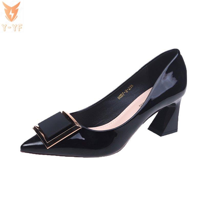 [High quality]High heels women 2021 new single shoes women spring all-match shallow mouth square buckle thick heel shoes women black ol work shoes