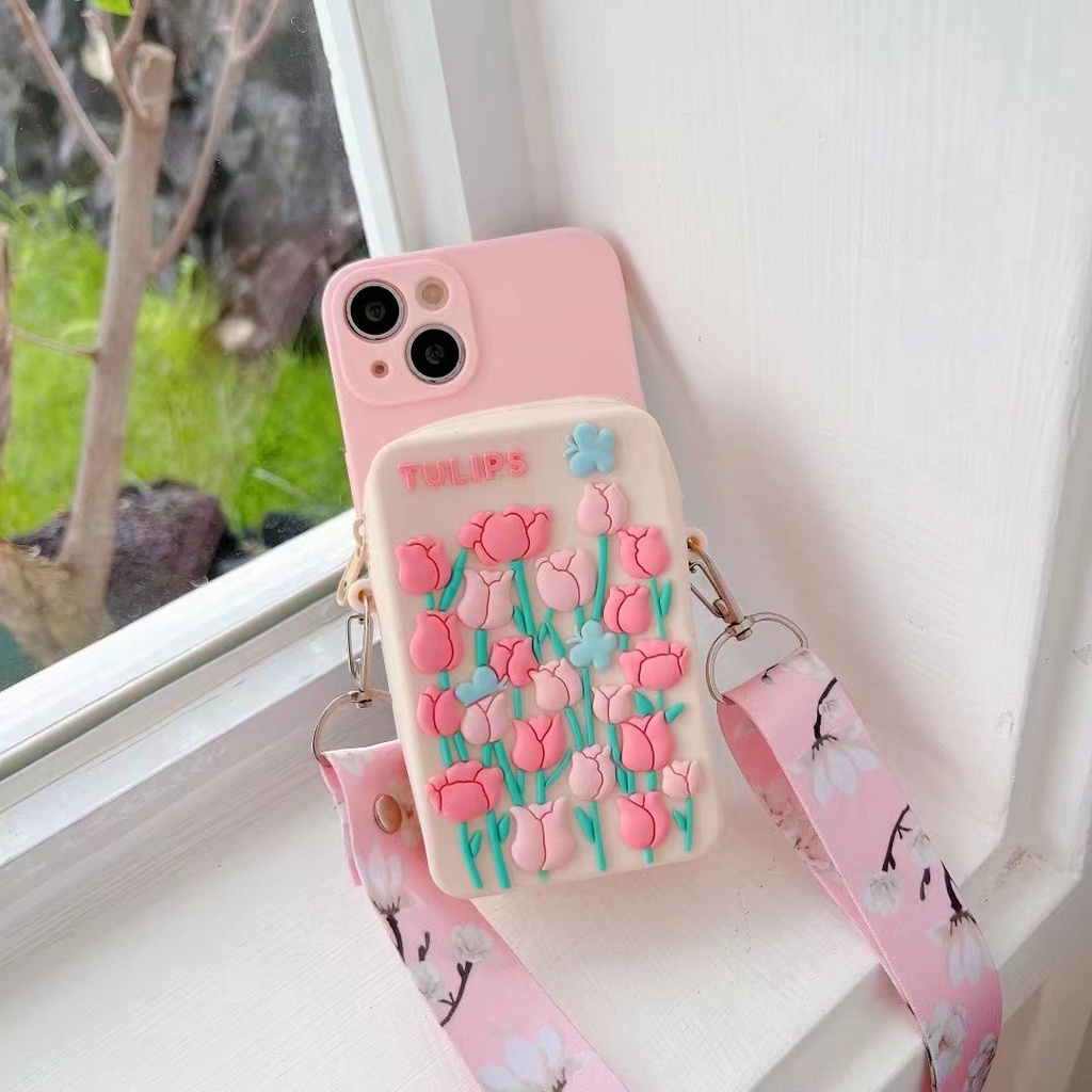 Ốp Điện Thoại Thiết Kế Ví Đựng Xu Hình Hoa Tulip Cho Samsung A03 A03S A12 A13 A22 A32 A33 A53 A73 M51 M52 M62 S22 Ultra