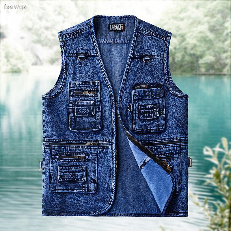 Áo Khoác Denim Không Tay Phối Túi Thời Trang Cho Đàn Ông Trung Niên