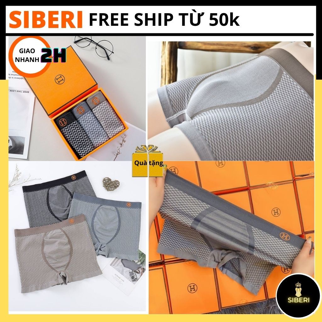 Quần lót nam boxer, sịp đùi nam cotton cao cấp, thấm hút mồ hôi, co giãn 4 chiều, hộp 3 quần, màu cam chữ H_ Siberi