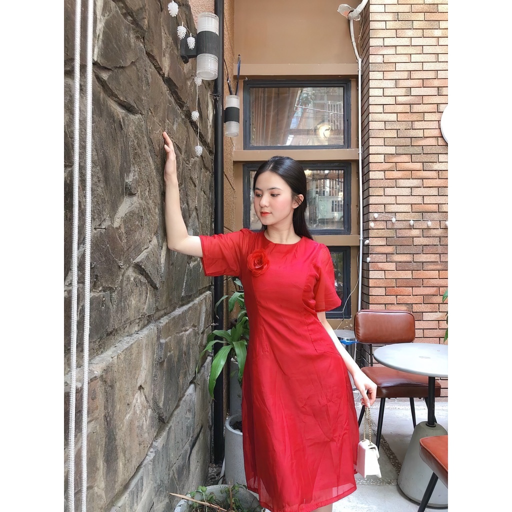 Đầm dự tiệc dáng ngắn mini váy xoè tay ngắn voan đỏ kèm bông tay lỡ