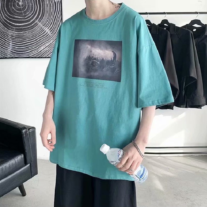 Áo thun tay ngắn dáng rộng in họa tiết thời trang phong cách Hàn Quốc cho nam size M-5XL