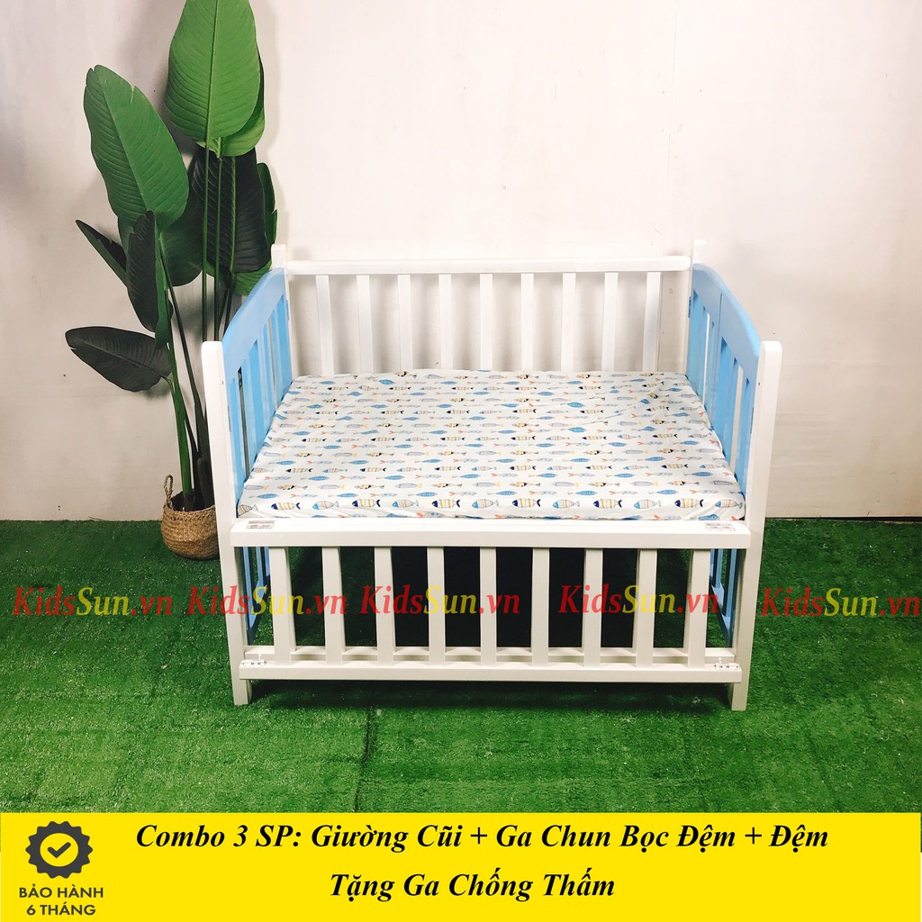 Cũi Cho Bé KIDSSUN Giường Cũi Trẻ Em Kích Thước (110x70x86) Gỗ Quế Màu Trắng Xanh  BH 24 Tháng Hàng XKhẩu Kèm Quà Tặng