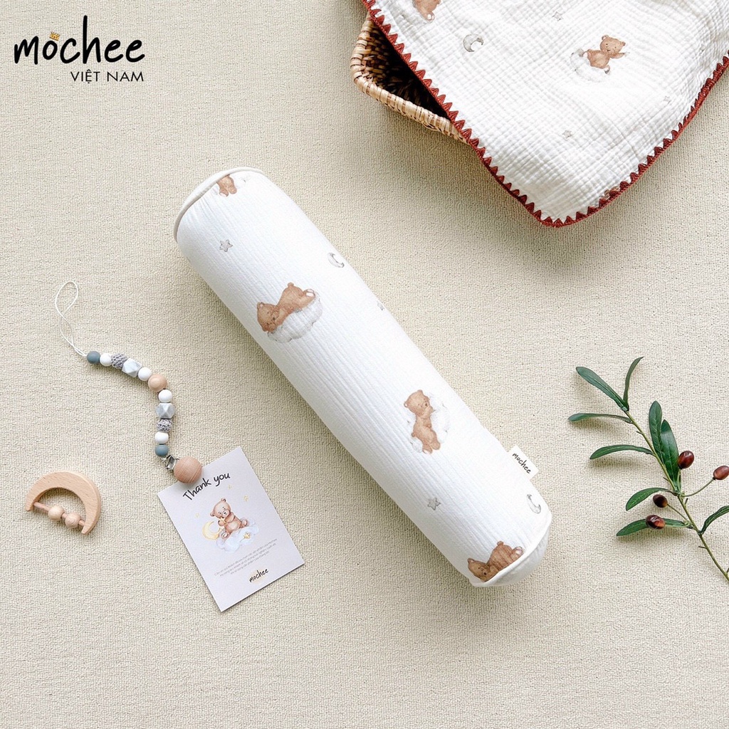 Gối ôm muslin cho bé Mochee 15x50cm, gối ôm trẻ em vải xô cotton họa tiết - Monnie Kids