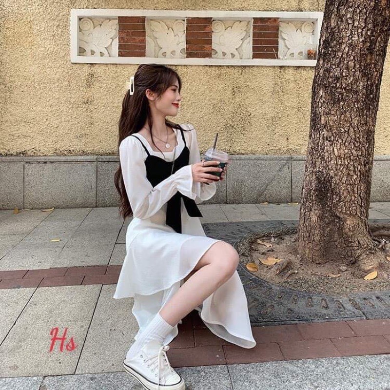 V014 Váy trắng yếm đen nơ ngực vintage công chúa, đầm xòe cổ vuông 2 tầng xẻ chân tay bồng dáng dài retro tiểu thư xinh