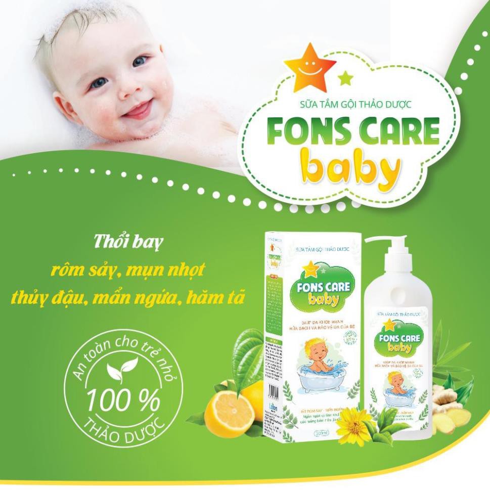 Sữa tắm thảo dược cho bé Fons Care Baby tắm gội thảo dược Sạch hết rôm, sảy, mẩn ngứa, hăm tã trẻ sơ sinh (Chai 300ml)