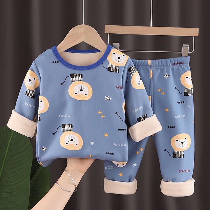 Bộ Đồ Ngủ Vải Cotton Phối Nhung In Hoạt Hình Dễ Thương Thời Trang Thu Đông Cho Bé